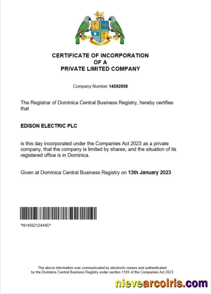 Dominica certificate of registration